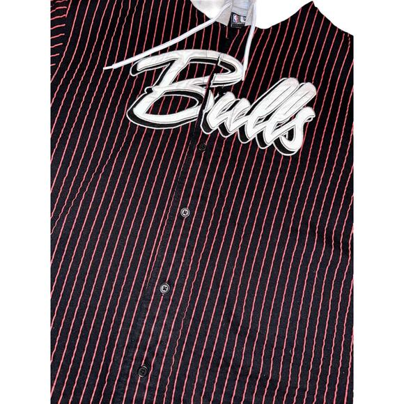 VTG NBA Bulls Hooded Shirt Jacket Mens L Black Red Striped Spellout Arm Patch - Picture 3 of 7